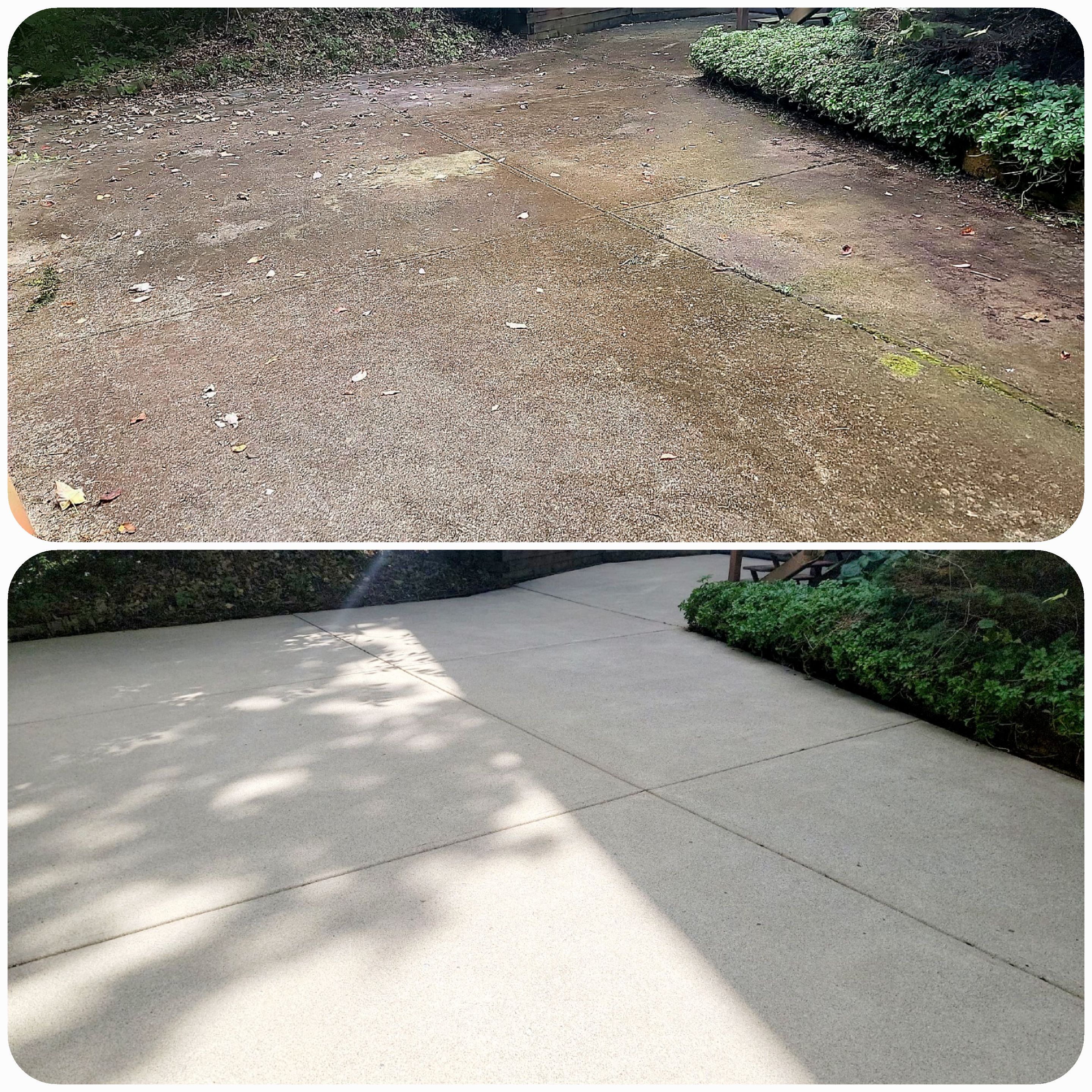 Concrete driveway before and after pressure washing — stained mossy surface on top, bright clean concrete on bottom
