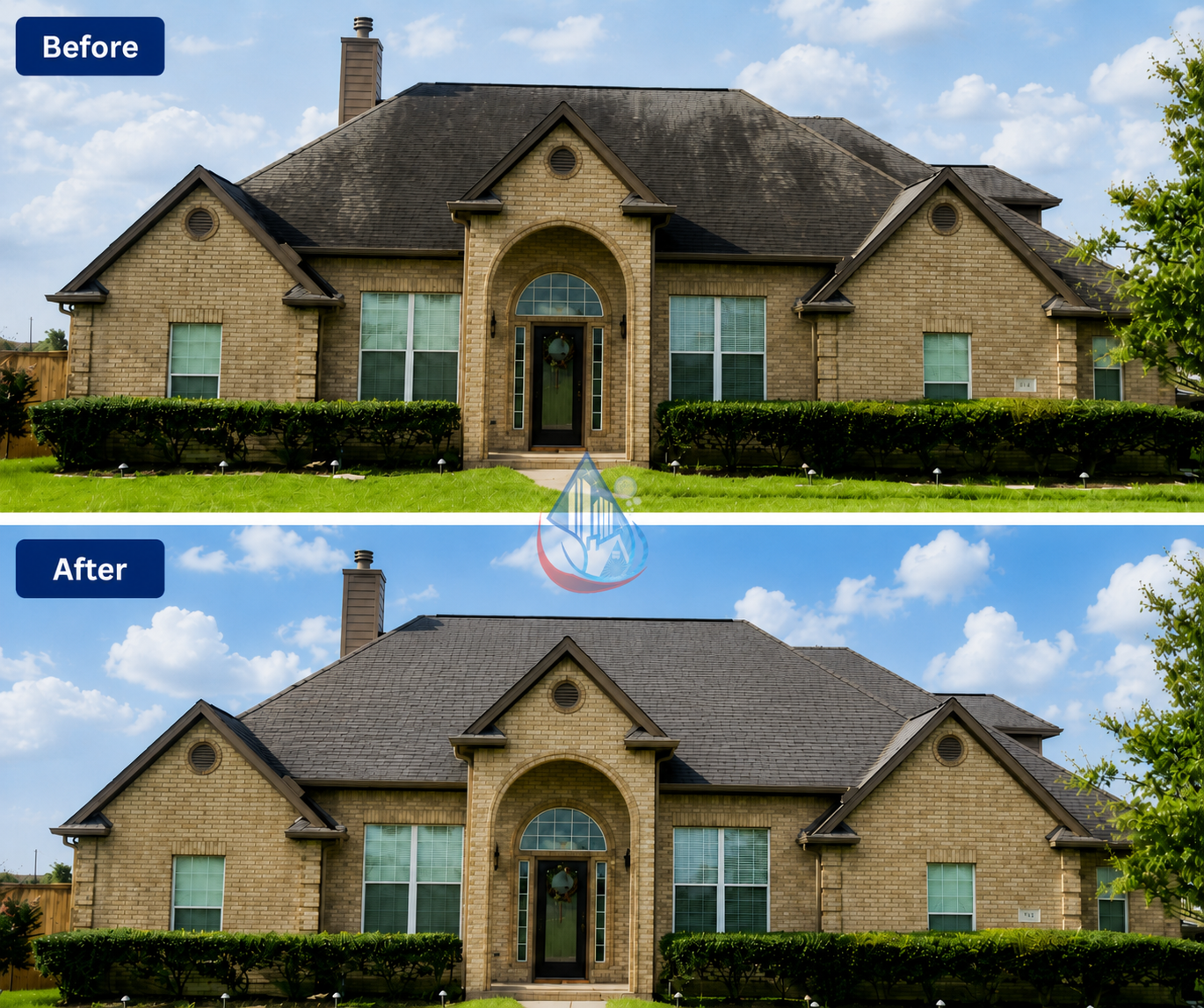 Roof soft wash before and after — dark algae-covered shingles on top, clean restored shingles on bottom